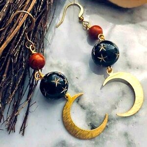 Cottagecore Elegant Gold and Black Star Earrings with Crescent Moon Dangling